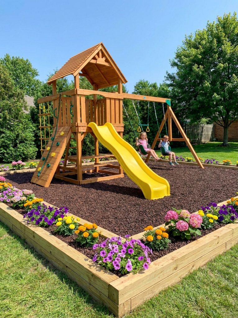 Beautifully landscaped DIY kids playground with timber border and colorful flowers around edges