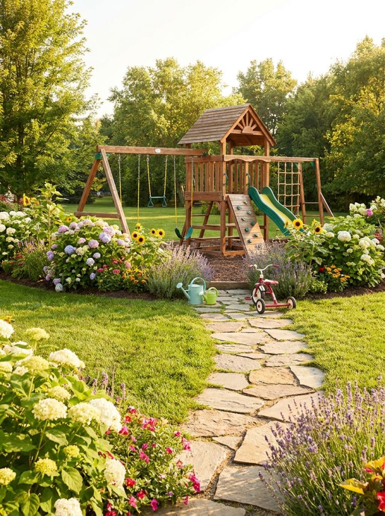  Beautifully landscaped DIY kids playground area with flower borders and stepping stone path