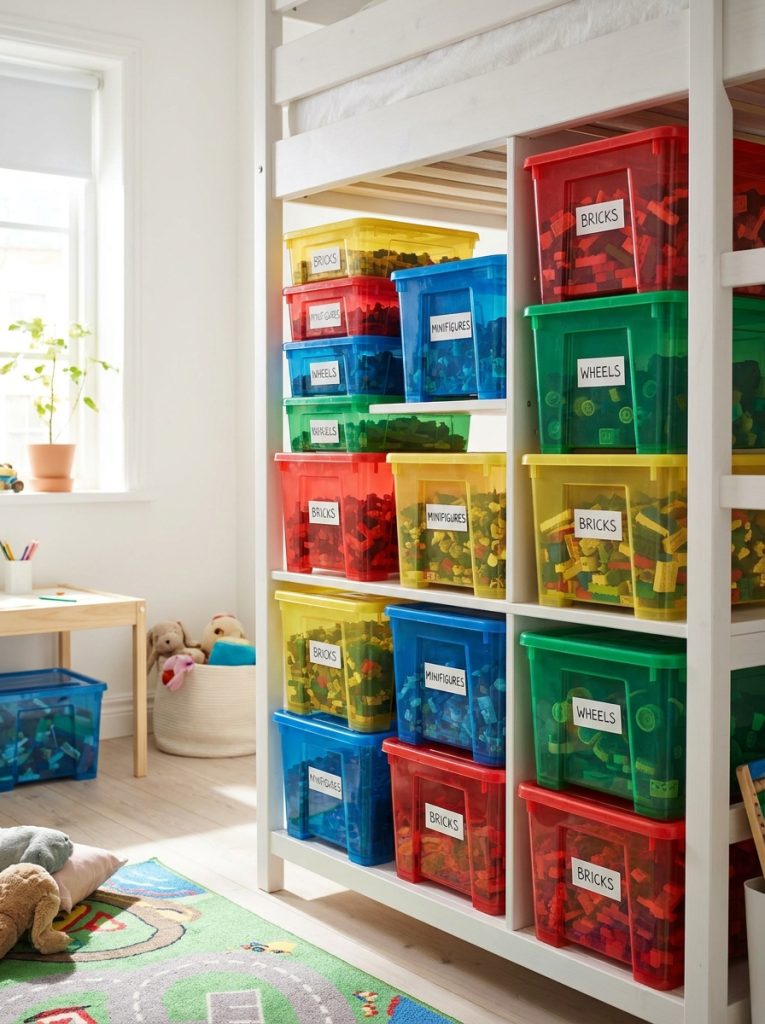  Colorful lego storage bins arranged neatly on white kids room shelving unit with labels