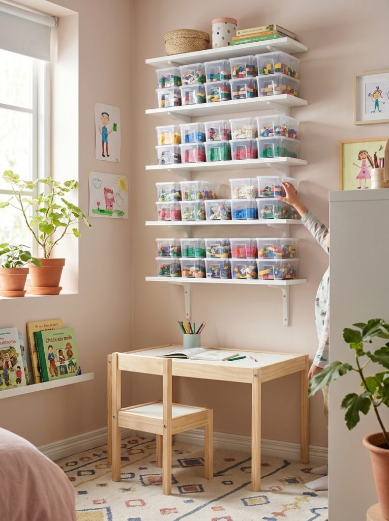 Clever lego storage on floating wall shelves above desk in small bright kids room