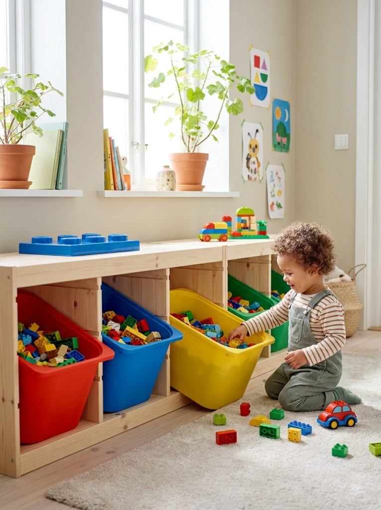 Toddler-friendly duplo storage with large colorful open bins on low shelves at child height