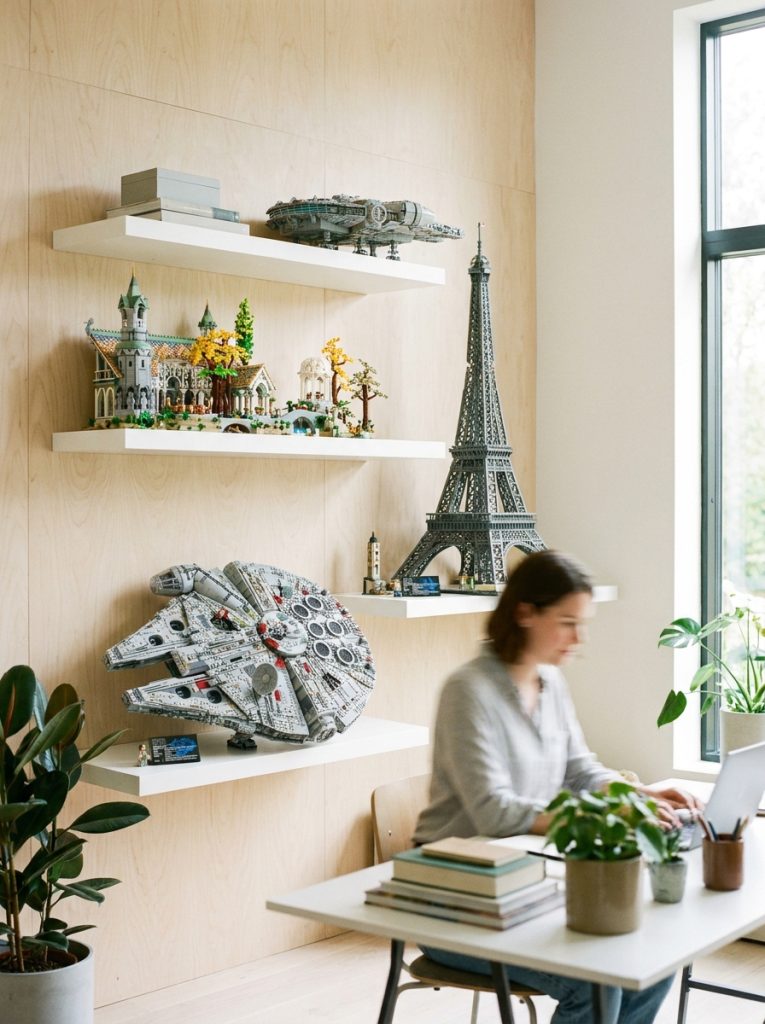 Sophisticated lego display for adult collectors on clean white floating shelves in study or home office