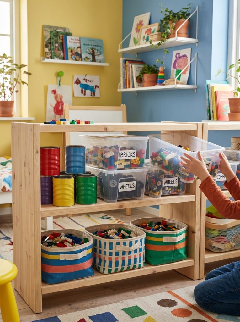 Clever cheap lego storage using repurposed containers and basic clear bins on simple shelf in kids room