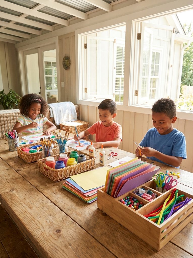 Kids using complete art and craft set with full range of paints brushes scissors glue and paper in cheerful summer craft session