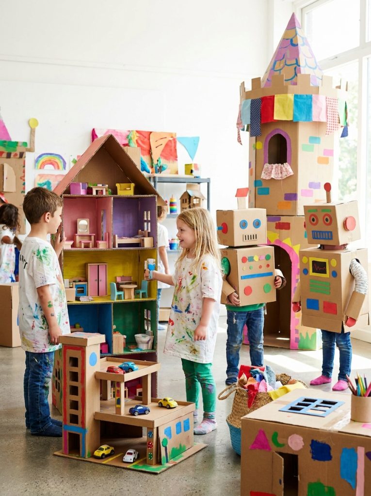 Creative cardboard box craft ideas with boxes transformed into doll houses toy garages and robot costumes with paint and craft materials