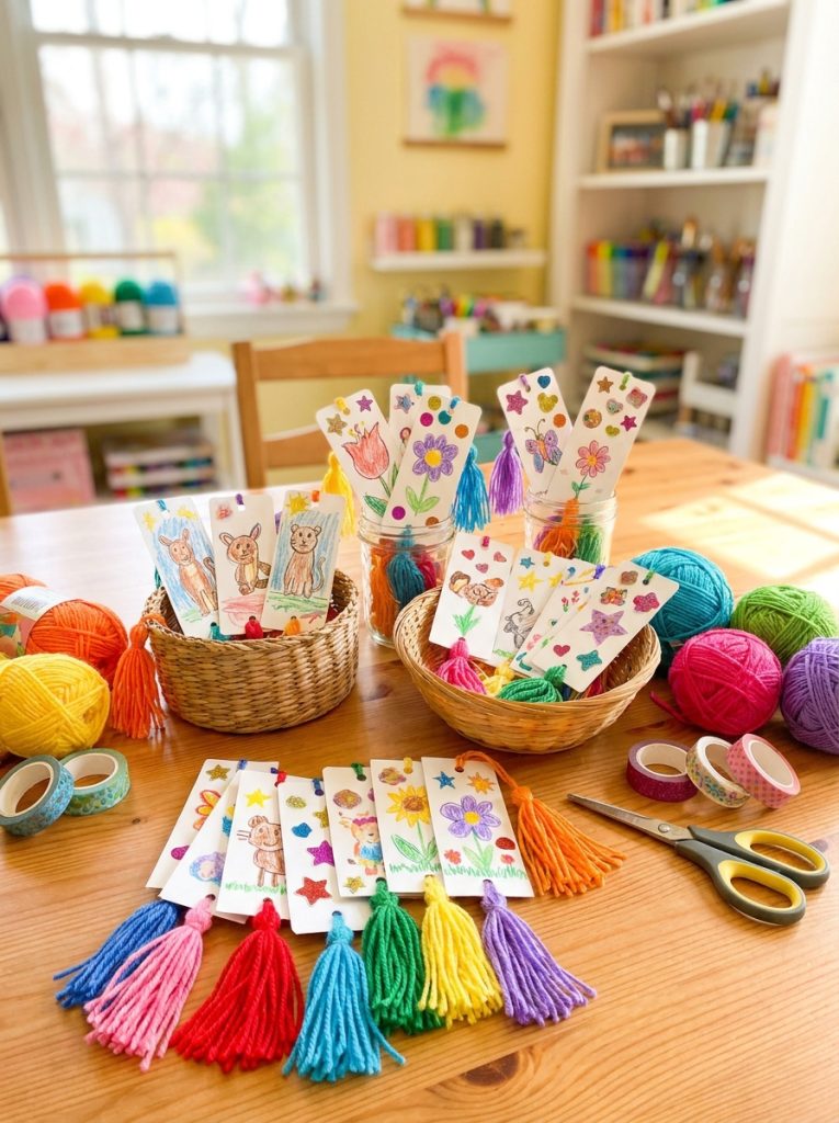 Easy simple tassel bookmark craft made by kids with colorful yarn tassels and decorated cardstock tops as charming gift display