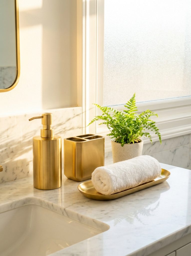 Beautiful gold bathroom decor accessories with gleaming gold soap dispenser toothbrush holder and tray on white marble counter