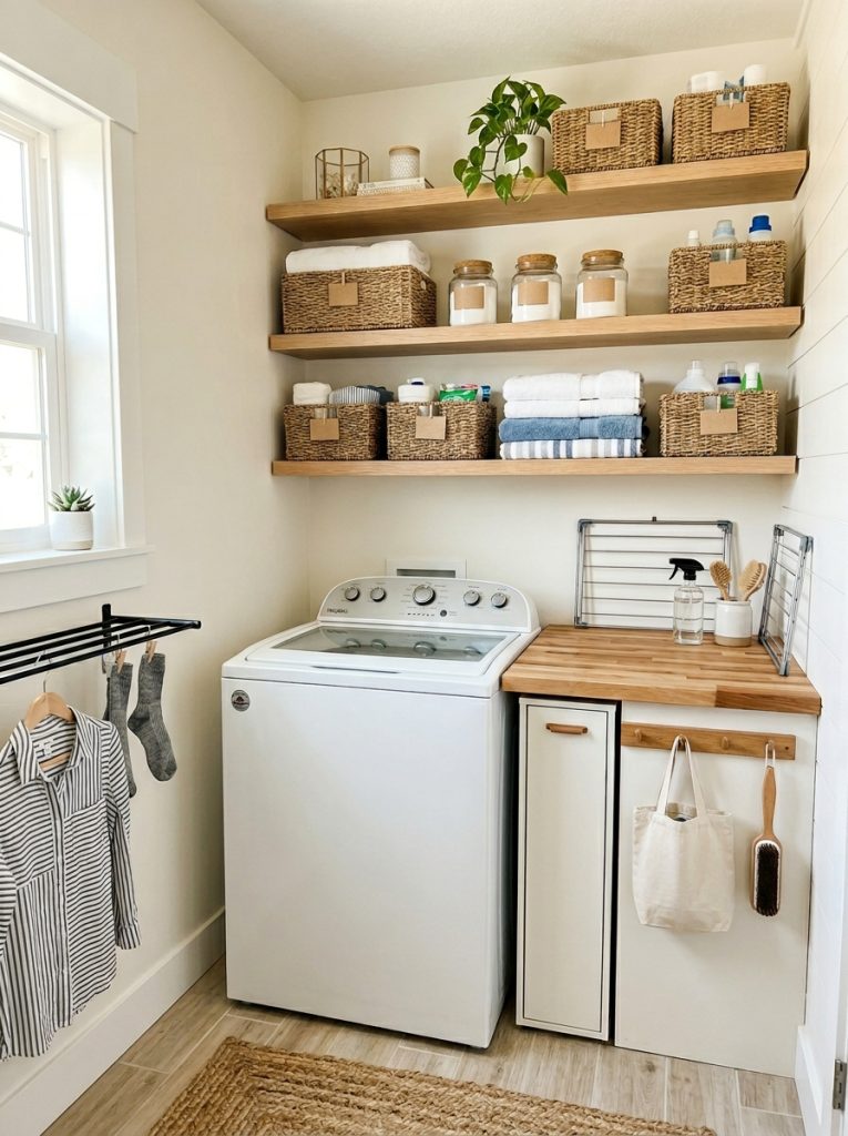 beautifully completely organized small laundry room with wall shelves storage baskets labels and organized supplies all together 