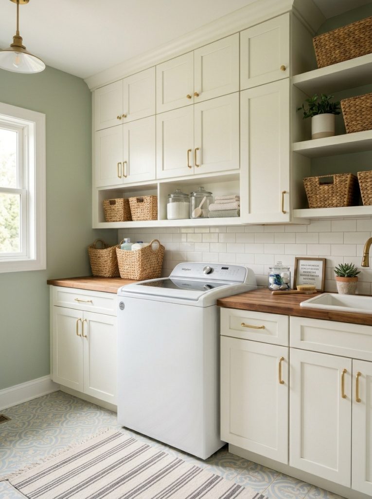 Beautifully cabinetted small laundry room with upper and lower cabinets beside top loader machine in full organized system Pin 