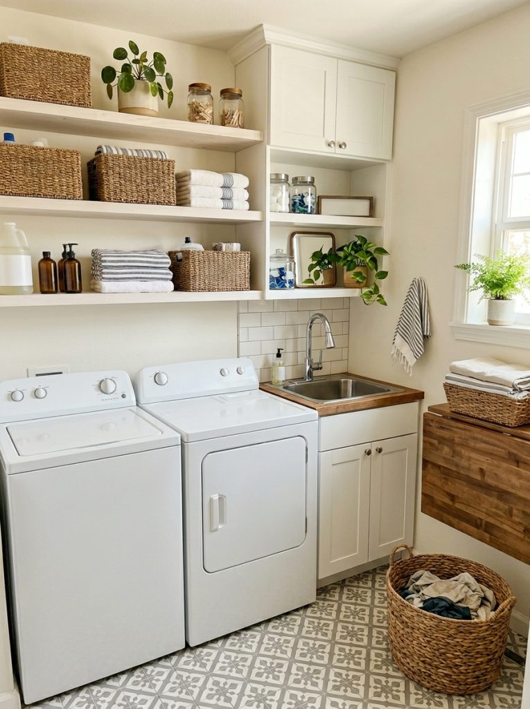 erfectly complete small laundry room with top loader machine cabinet shelves baskets fold-down table and sink all together 