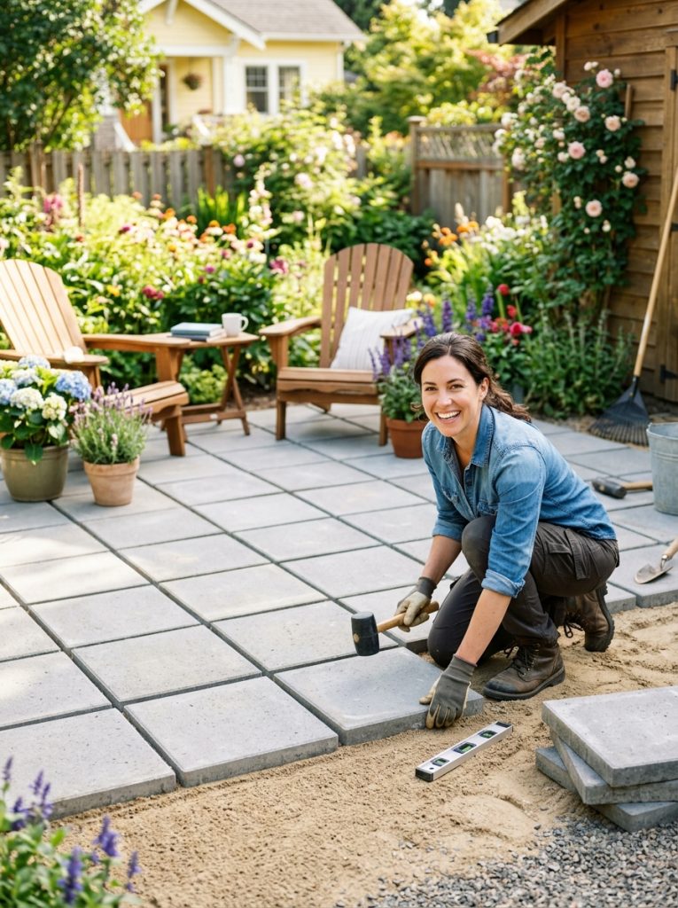 Simple beautiful DIY paver patio with flat stones in clean grid pattern nearing completion in sunny backyard