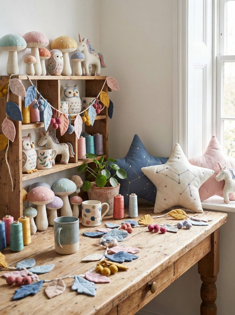 Beautiful whimsical sewing craft projects with felt mushrooms embroidered creatures stuffed star pillows in soft dreamy colors