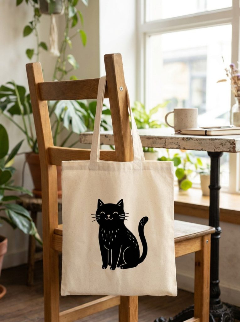 Adorable cute black cat painted tote bag on cream canvas with charming cat sitting pose sweet expression and minimal line work
