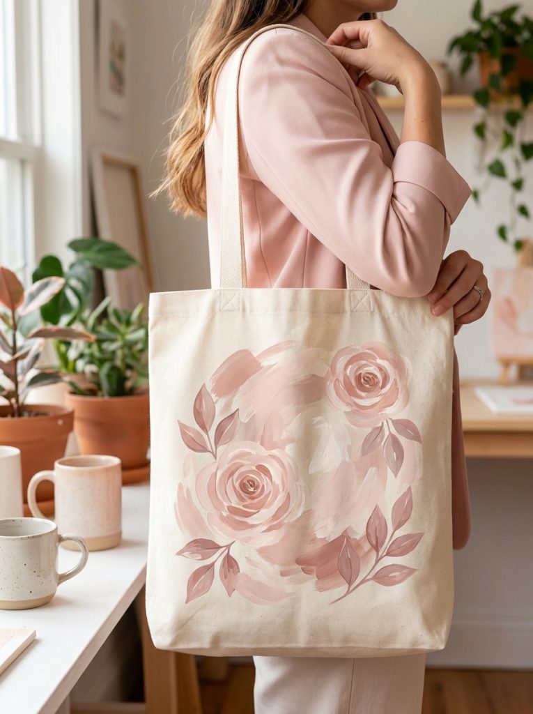 Beautiful pink aesthetic painted tote bag with soft pink flowers blush abstract shapes and rose elements in feminine design