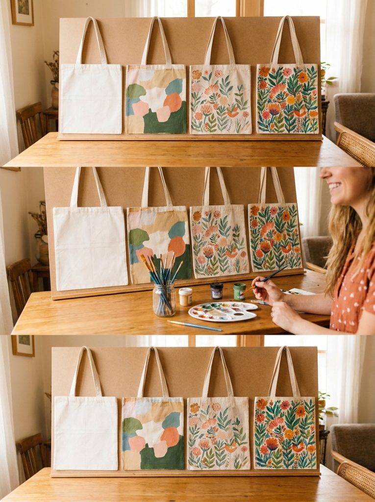 Beginner canvas tote bag painting tutorial showing plain tote transformed through stages from pencil sketch to finished painted design
