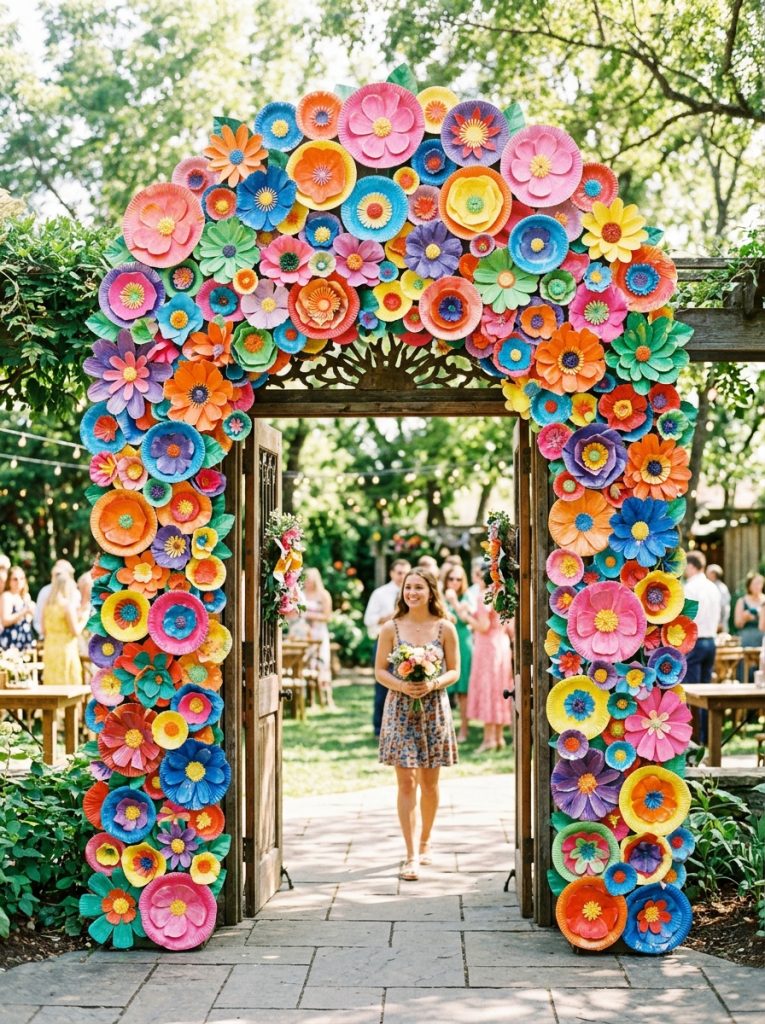 Stunning paper plate flowers arch backdrop with large doorway covered in colorful paper plate flowers in multiple sizes