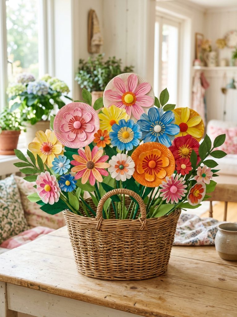 Beautiful paper plate flowers basket arrangement with multiple flowers in different colors and sizes with green stems in woven basket