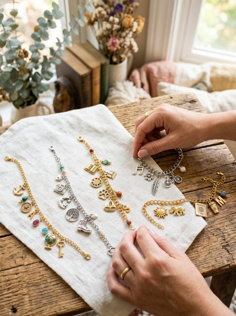 Beautiful personal charm bracelet ideas with meaningful charms on gold silver chain bases creating story-filled jewelry collection