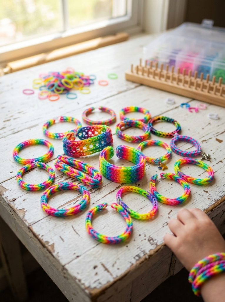 Colorful rubber band bracelet ideas made by kids with fishtail ladder and simple loom patterns in multiple color combinations