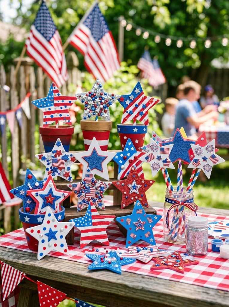 Colorful patriotic foam star july crafts with foam stars decorated in red white blue paint glitter and stickers displayed festively