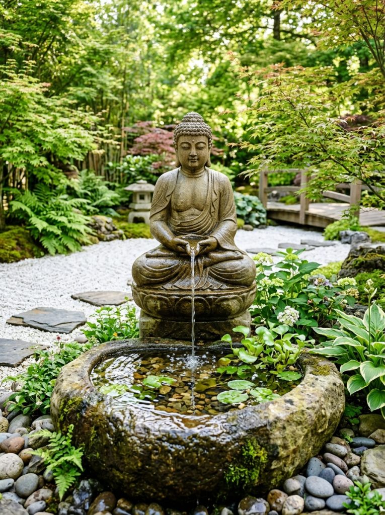 Beautiful Buddha water fountain with water flowing from Buddha figure into stone basin surrounded by zen garden elements 