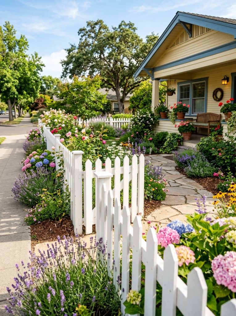 Beautiful budget privacy fence at front of house with flowering plants and shrubs in attractive sunny setting
