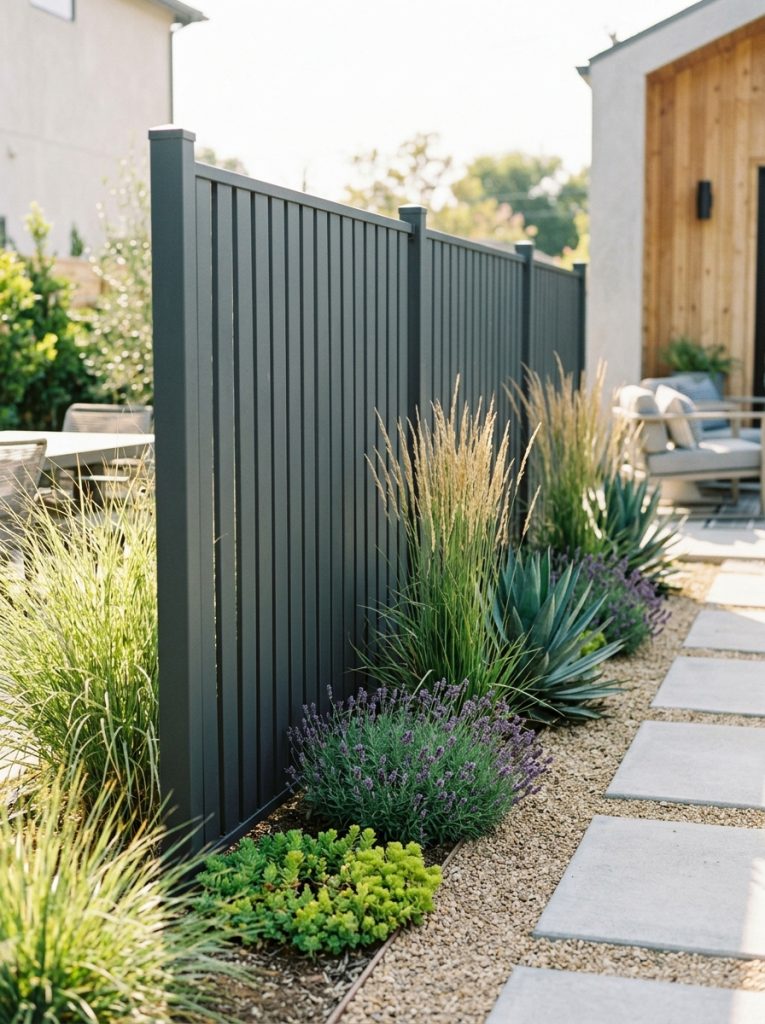 Beautiful budget metal fence with affordable panels creating clean contemporary boundary with architectural plants in modern garden