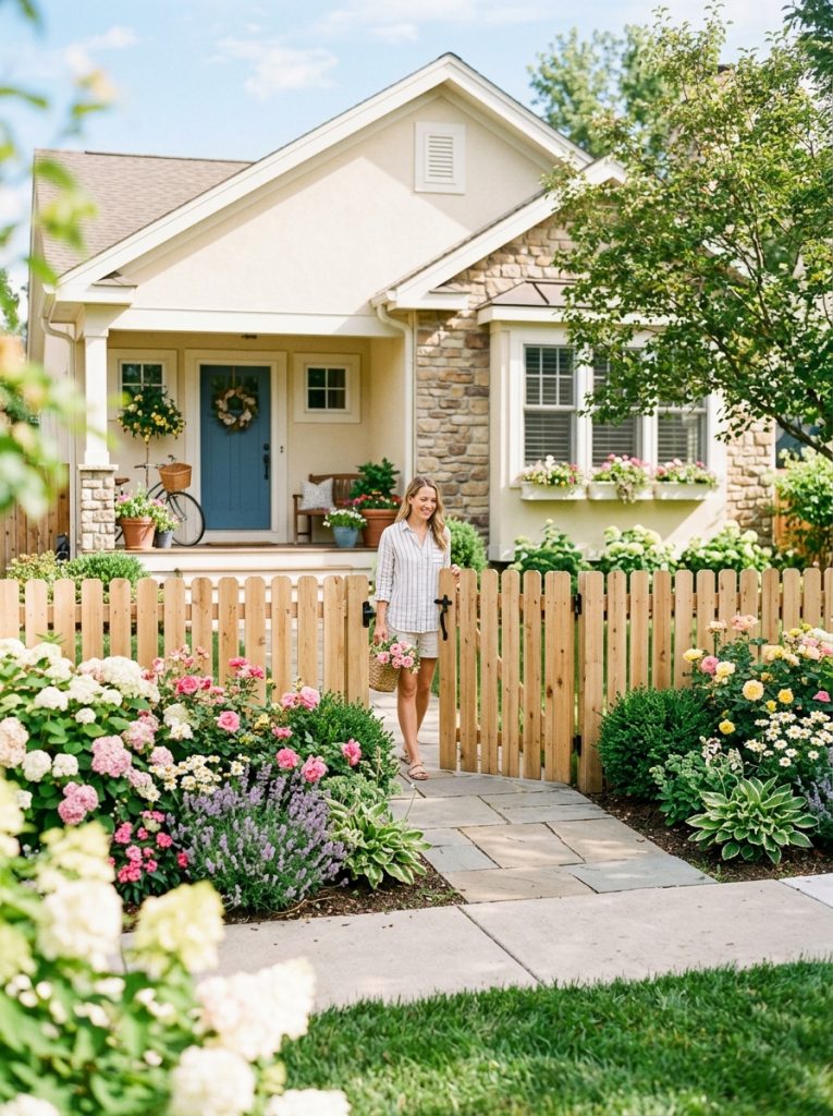 Beautiful budget metal fence with affordable panels creating clean contemporary boundary with architectural plants in modern garde;