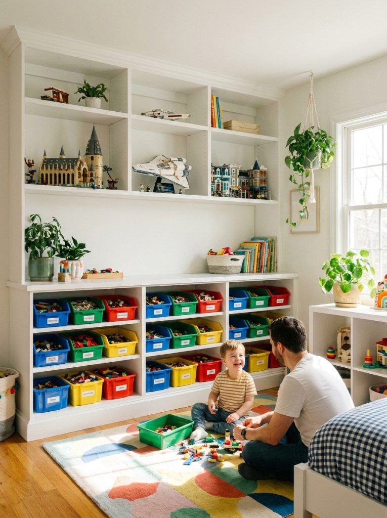  Beautiful built-in floor to ceiling lego storage shelving with bins and display space in kids bedroom