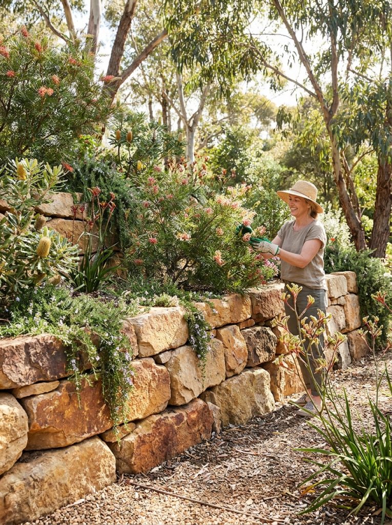 Beautiful bush stone retaining wall with warm earthy natural stones and native plants in sunny garden landscaping