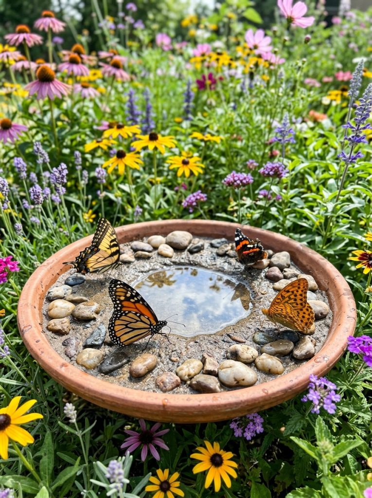 DIY butterfly puddler bird bath with damp sand pebbles and colorful butterflies drinking in sunny garden