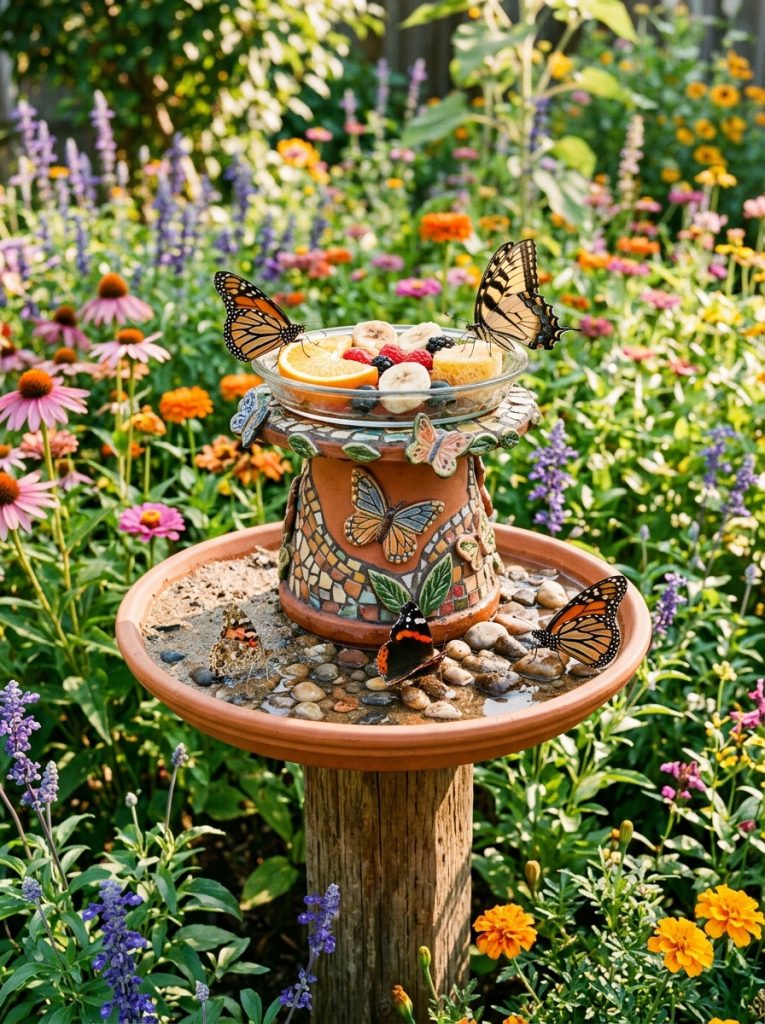  Beautiful combined butterfly feeder and puddler with fruit sugar water and pebble dish with multiple butterflies visiting 