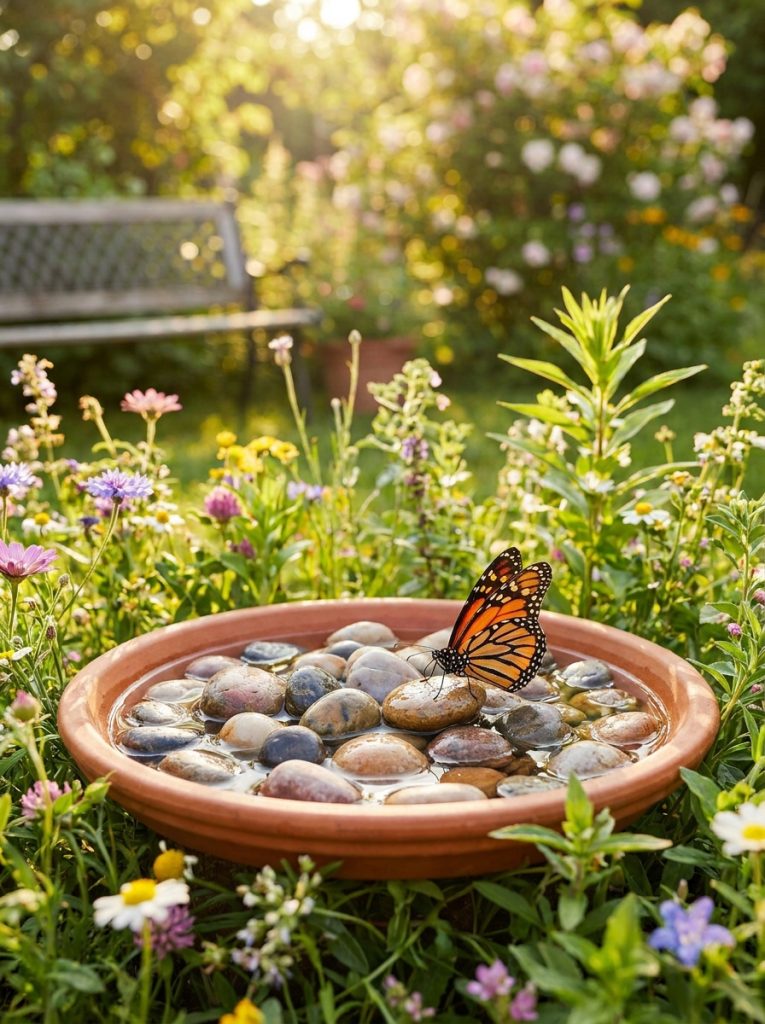 Simple beautiful DIY butterfly puddler shallow dish with smooth pebbles water and colorful butterfly drinking in garden