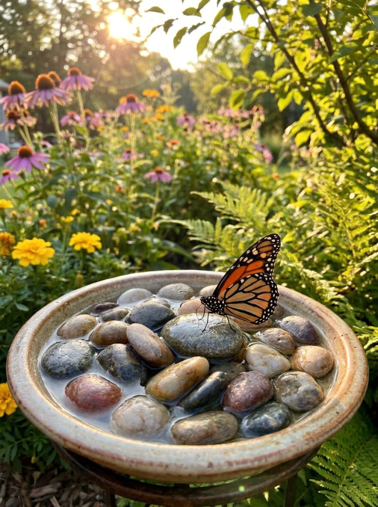 Beautiful DIY butterfly puddler shallow dish with colorful pebbles water and butterfly drinking surrounded by flowers