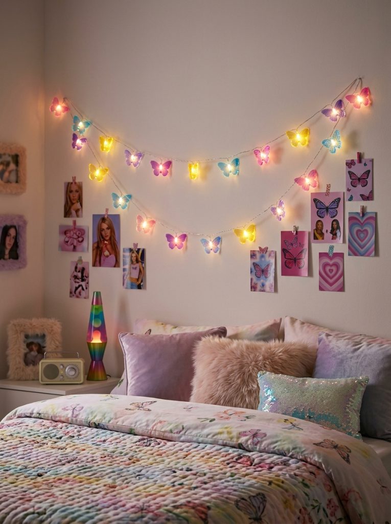 Beautiful butterfly fairy lights Y2K room decor glowing on bedroom wall creating magical iconic Y2K butterfly aesthetic glow