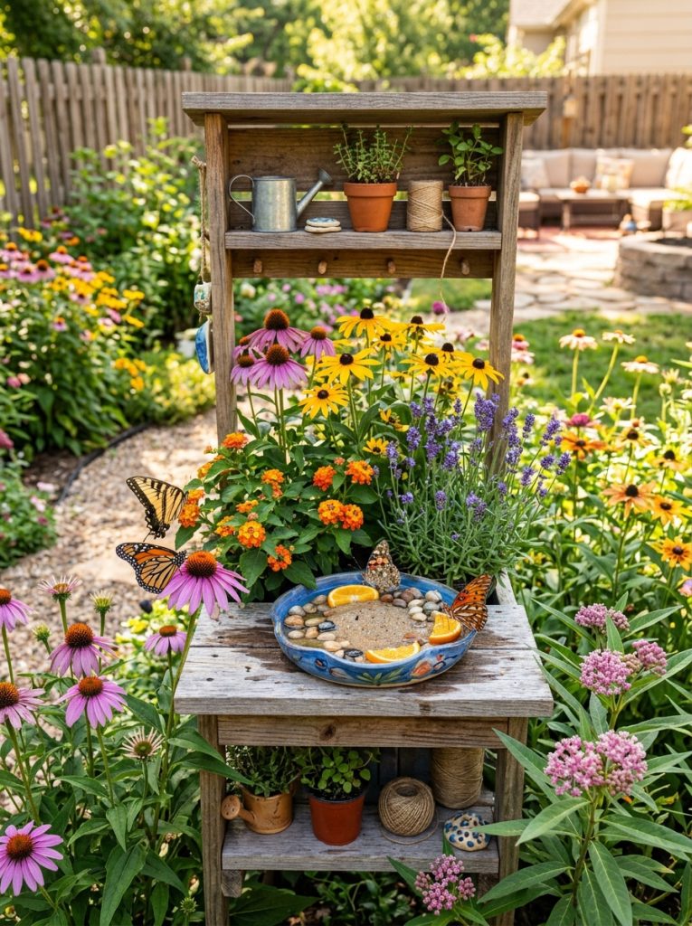 Complete DIY butterfly garden station with butterfly-attracting plants in bloom and ceramic puddler with multiple butterflies visiting