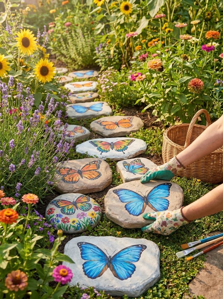 Beautiful butterfly garden stepping stones DIY with vibrant blue morpho orange monarch and colorful butterfly designs along flowering garden path