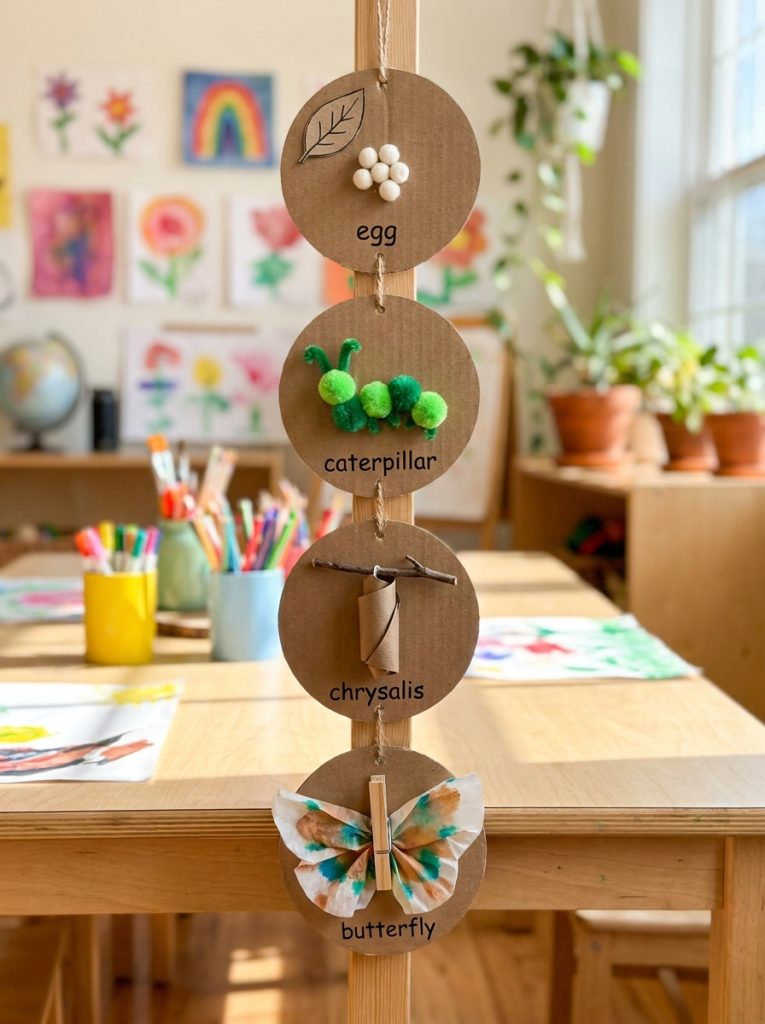 Creative butterfly life cycle insect craft showing egg caterpillar chrysalis and butterfly stages on educational display card
