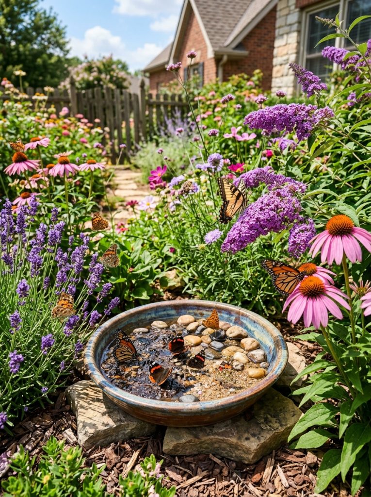 Beautiful backyard butterfly puddler station integrated into flower border with lavender echinacea and buddleia and butterflies visiting 