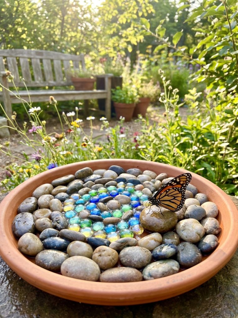 Beautiful DIY pebble stone butterfly puddler with river pebbles and colorful stones butterfly visiting in sunny garden 