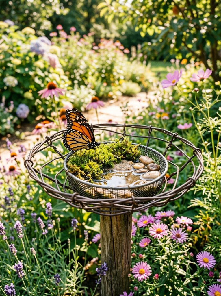 Creative DIY wire frame butterfly puddler with mesh frame holding moss and sand section with butterfly visiting in garden 