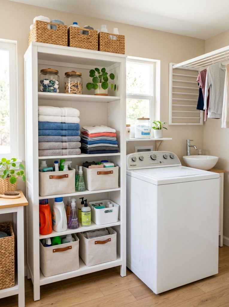 eautiful cabinet storage beside top loader washing machine with organized shelves laundry supplies and baskets in small room