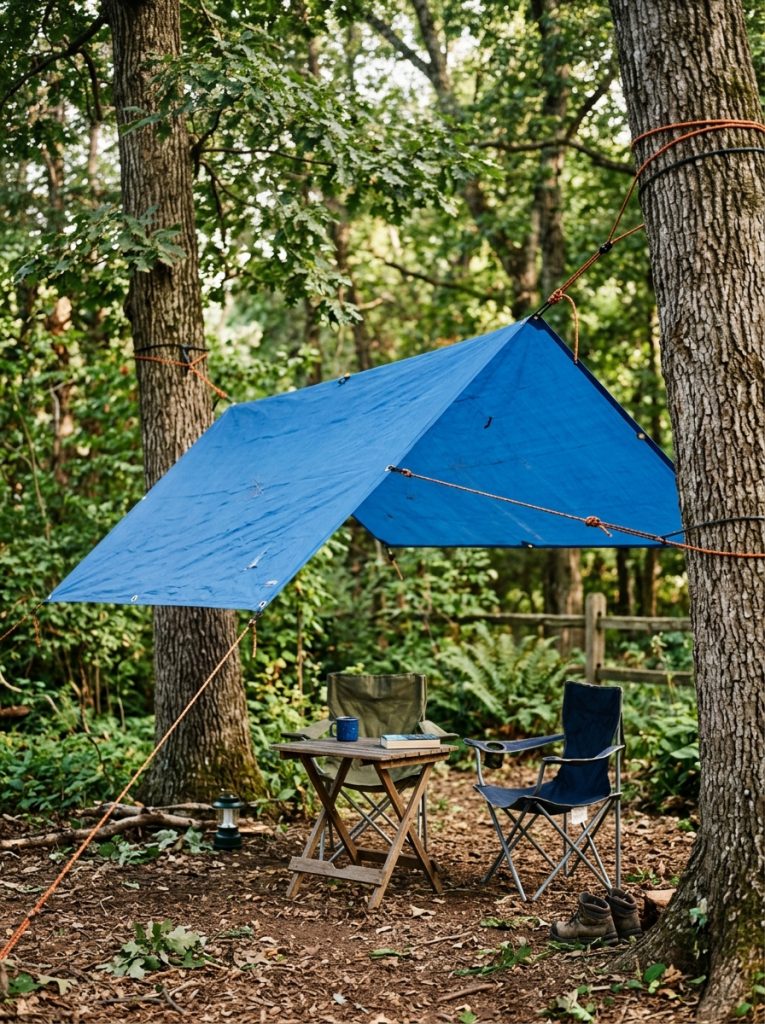 Blue camping tarp rigged between trees as cheap overhead shade for backyard