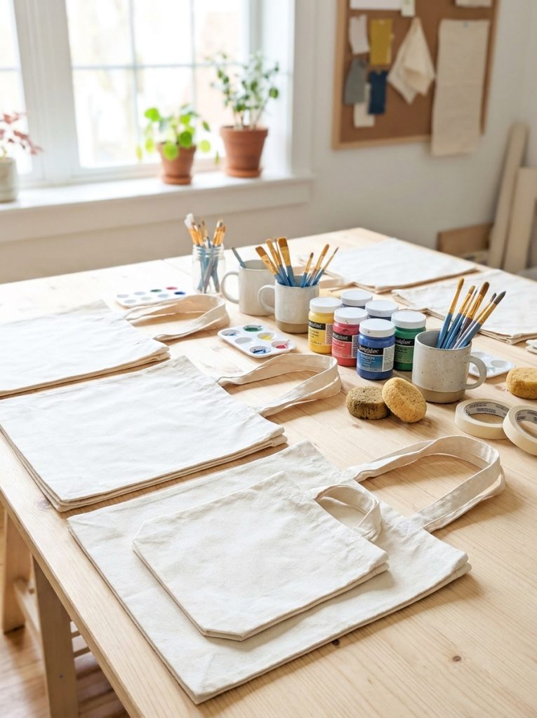 Multiple plain canvas tote bags spread on craft table ready for painting alongside painting supplies suggesting creative possibilities