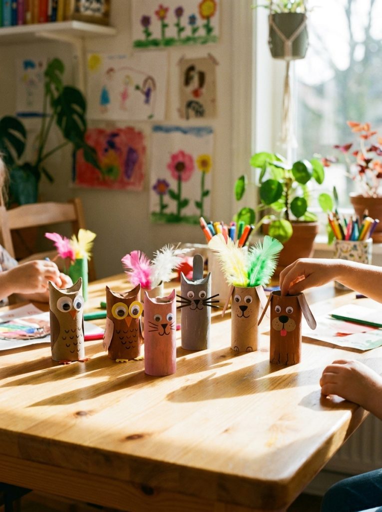 Cute cardboard tube animals made from toilet rolls painted as colorful owls cats and dogs with googly eyes