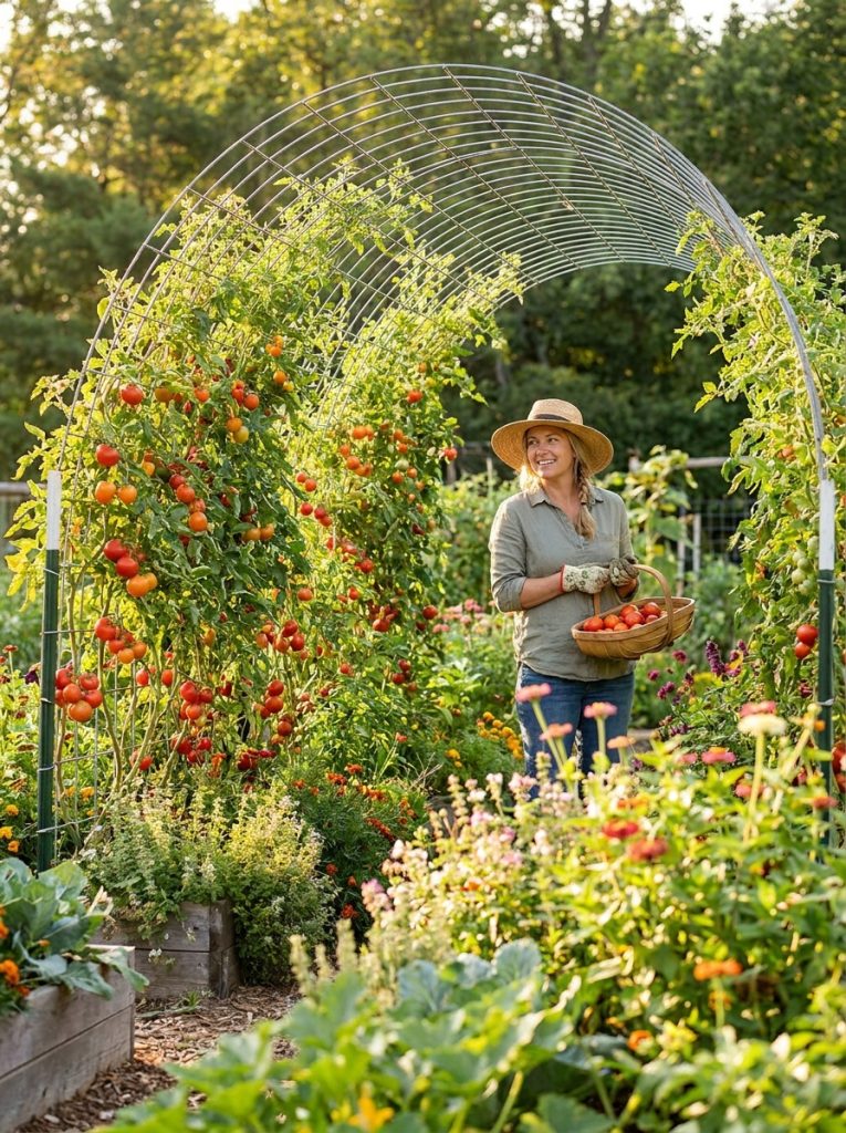  Beautiful cattle panel tomato trellis arch with vines growing up and over creating productive garden tunnel of tomato plants with fruit 