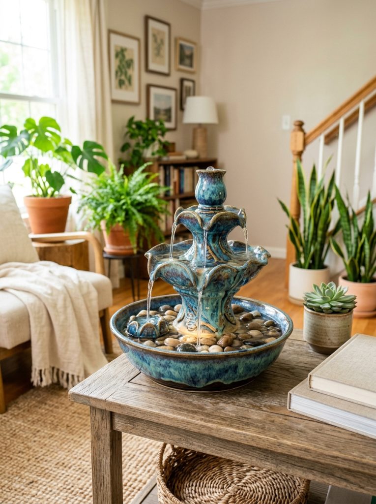  Beautiful ceramic water fountain with handcrafted glaze and artisan quality in beautifully decorated home interior 
