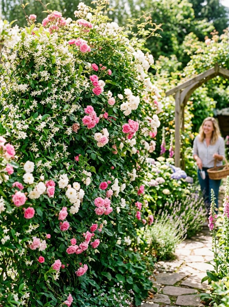 Chain link fence beautifully transformed with climbing roses jasmine and greenery completely covering wire in sunny garden
