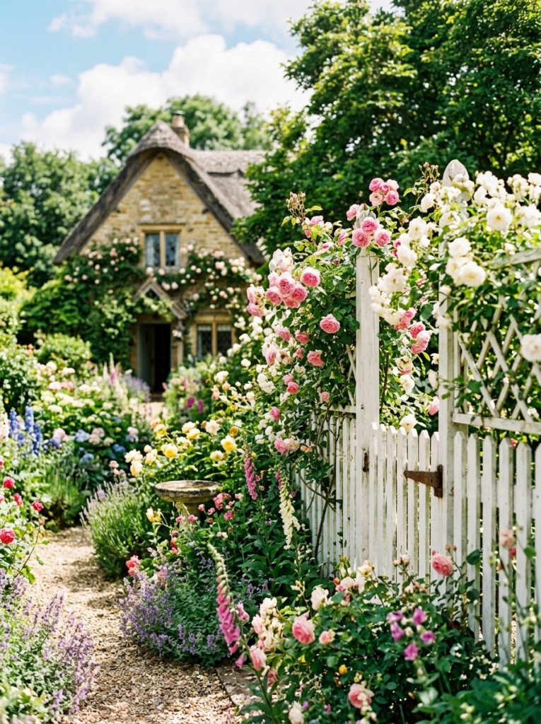 Charming cottage picket fence with white pickets and cottage garden roses and flowers alongside in sunny garden