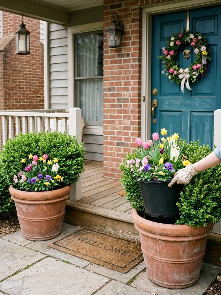 Front porch pots with permanent boxwood and inner liner pots for easy seasonal flower swaps